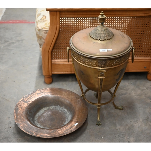 348 - A brass coal-urn and cover to/w a beaten copper broad-rimmed bowl (2)