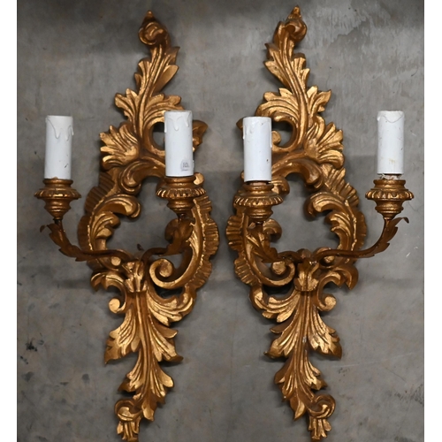 357 - Two carved giltwood twin-branch electric wall-sconces to/w a metal example (3)