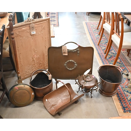 359 - Two copper coal scuttles and a log-cradle, to/w a kettle on stand, warming pan and two fireguards (7... 