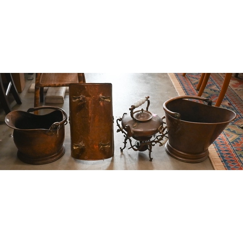 359 - Two copper coal scuttles and a log-cradle, to/w a kettle on stand, warming pan and two fireguards (7... 