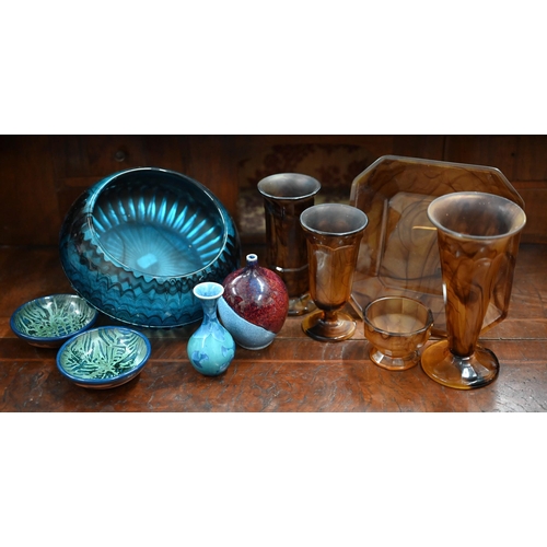 384 - Various blue and brown marbled glassware, studio pottery etc (box)