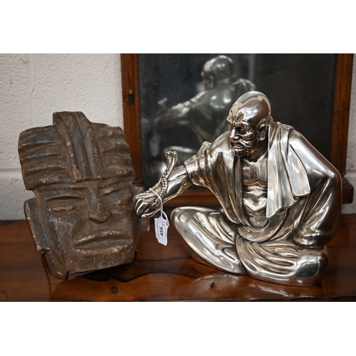 456 - A D'Argenta (Mexico) electroplated figure of a seated sage, 25 cm high to/w a carved stone mask (2)