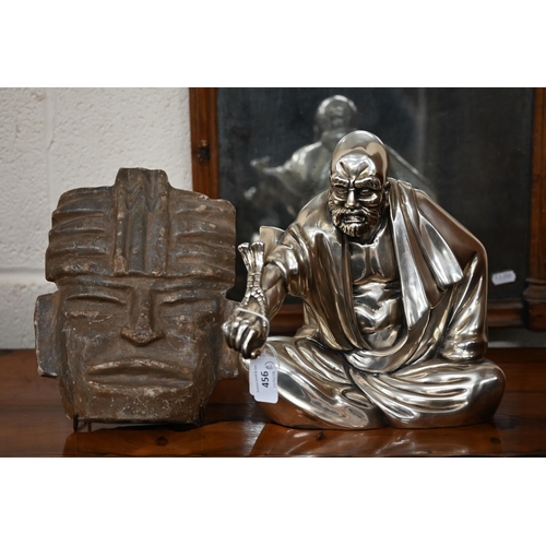 456 - A D'Argenta (Mexico) electroplated figure of a seated sage, 25 cm high to/w a carved stone mask (2)