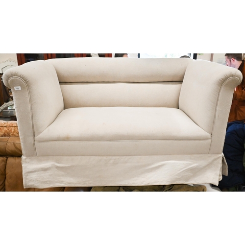 46 - An Edwardian two seater sofa on tapering square supports and casters, cream linen fabric, 150 cm wid... 