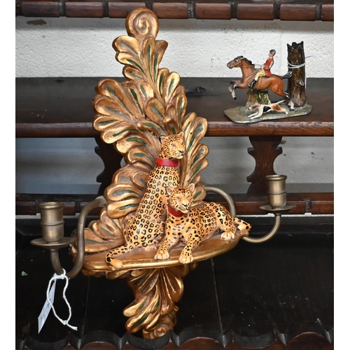 464 - A gilt composite wall bracket embellished with leopards to/w a cold-painted metal touch-lip lighter ... 