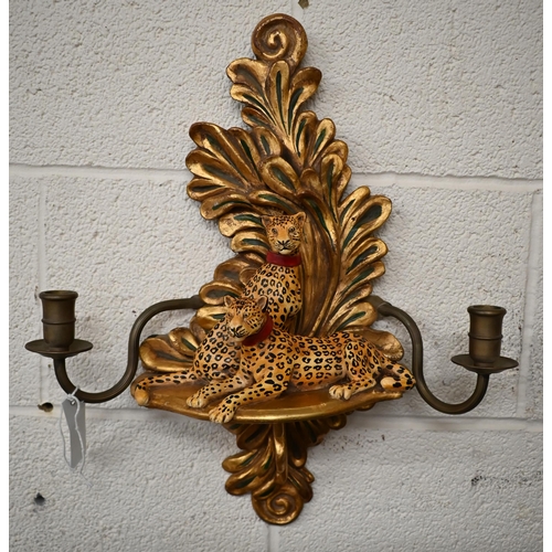 464 - A gilt composite wall bracket embellished with leopards to/w a cold-painted metal touch-lip lighter ... 