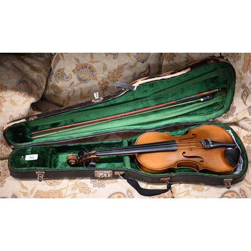 471 - A violin with 34 cm one-piece back and 'Stradivarius' label within, 56 cm overall, in case with bow