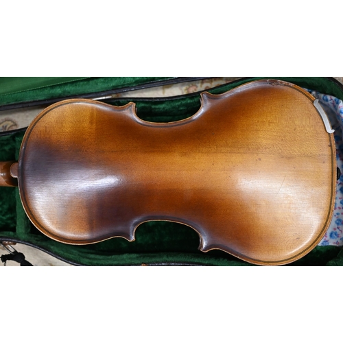 471 - A violin with 34 cm one-piece back and 'Stradivarius' label within, 56 cm overall, in case with bow