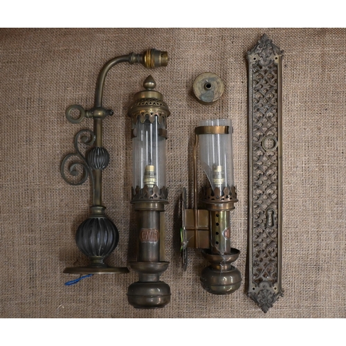 482 - Two GWR copper wall-lights (one lacks finial) to/w a gas wall-sconce (converted to electricity) and ... 