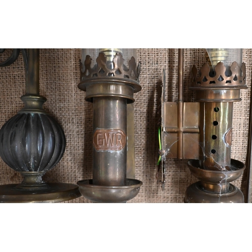 482 - Two GWR copper wall-lights (one lacks finial) to/w a gas wall-sconce (converted to electricity) and ... 