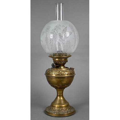 488 - A Victorian brass oil lamp with etched glass shade and patent Duplex burner