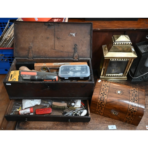 490 - A Georgian oak box with lower drawer, containing a quantity of vintage and later tools, 47 cm wide t... 