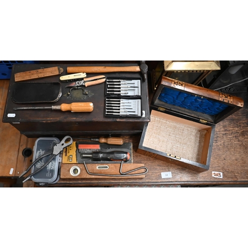 490 - A Georgian oak box with lower drawer, containing a quantity of vintage and later tools, 47 cm wide t... 