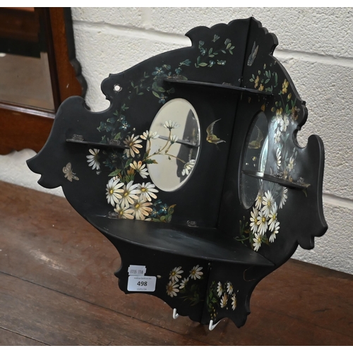 498 - A Continental black lacquered, floral-printed and painted corner wall-bracket set with mirrors 42 cm... 