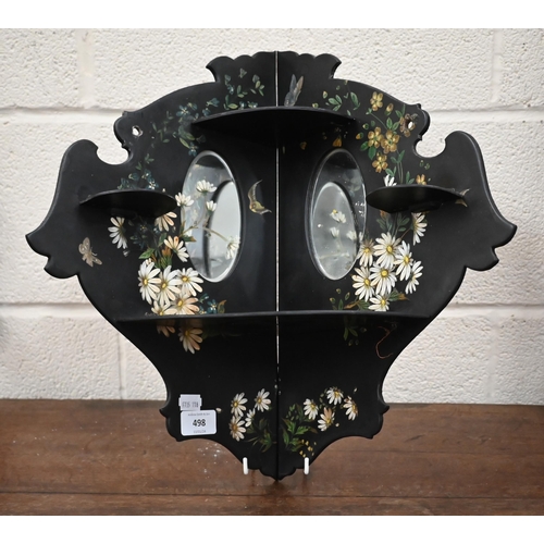 498 - A Continental black lacquered, floral-printed and painted corner wall-bracket set with mirrors 42 cm... 