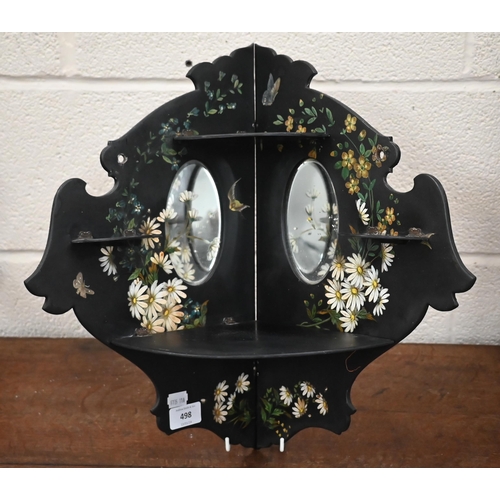 498 - A Continental black lacquered, floral-printed and painted corner wall-bracket set with mirrors 42 cm... 