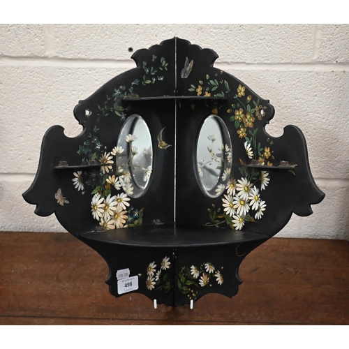 498 - A Continental black lacquered, floral-printed and painted corner wall-bracket set with mirrors 42 cm... 