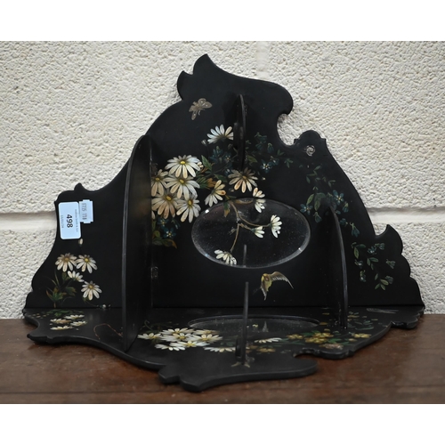 498 - A Continental black lacquered, floral-printed and painted corner wall-bracket set with mirrors 42 cm... 