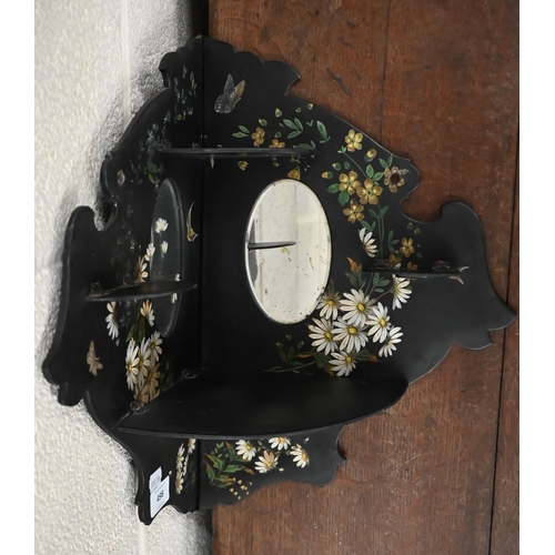 498 - A Continental black lacquered, floral-printed and painted corner wall-bracket set with mirrors 42 cm... 