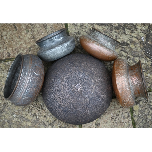 503 - A large 19th century Indo-Persian copper bowl, richly chased with foliage and strapwork 36 cm diam t... 