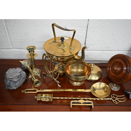 509 - An Art Nouveau brass kettle on stand, to/w an antique brass bowl and cover, large steel cooking fork... 