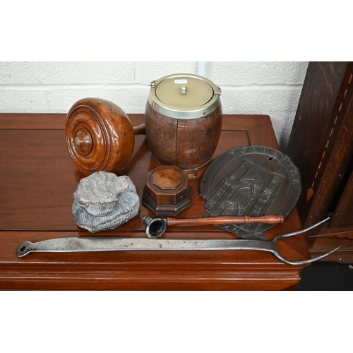 509 - An Art Nouveau brass kettle on stand, to/w an antique brass bowl and cover, large steel cooking fork... 