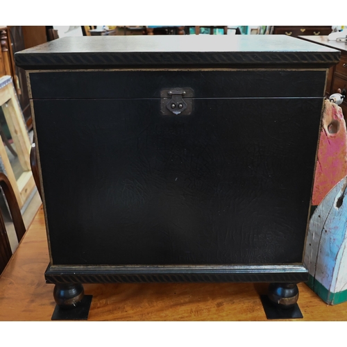 529 - A Chinese painted lacquer end table/box with fitted interior on ball feet, 60 cm wide