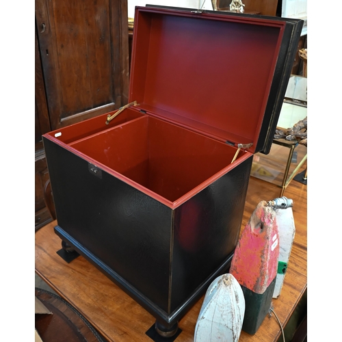 529 - A Chinese painted lacquer end table/box with fitted interior on ball feet, 60 cm wide