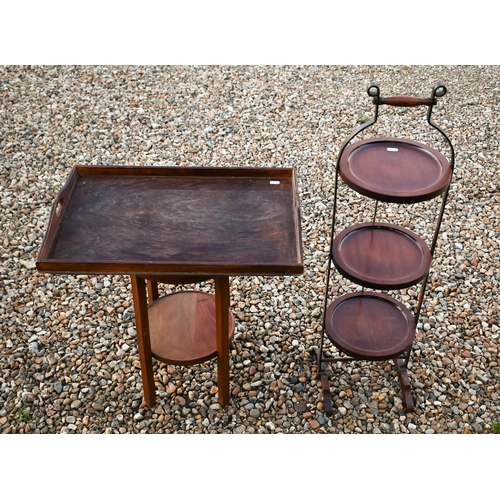 539 - An antique 'John Watts' three-tier folding cake stand to/w two-tier plant stand and oak tray (3)