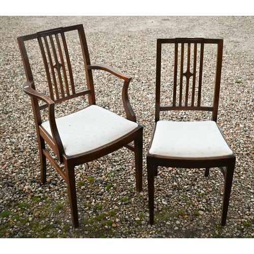 541 - A set of five Edwardian mahogany slat back dining chairs with cream diamond pattern pad seats compri... 