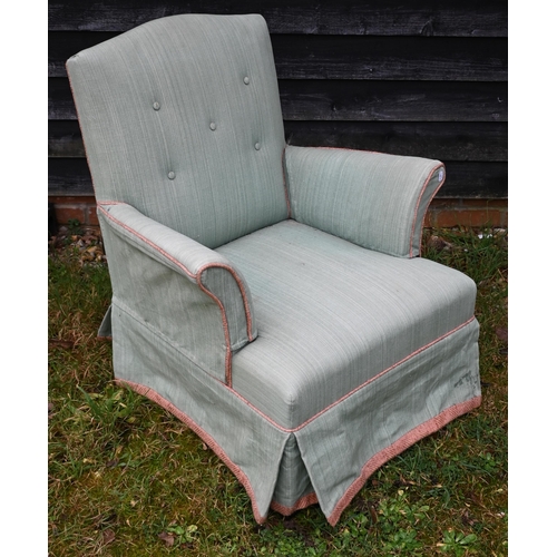 544 - A button back bedroom chair, in green upholstery