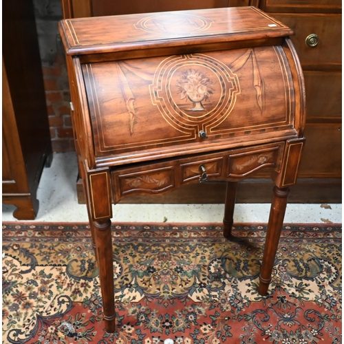 545 - A Continental floral painted cylinder top desk on fluted supports, 66 cm wide x 40 cm deep x 100 cm ... 