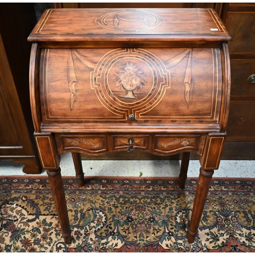 545 - A Continental floral painted cylinder top desk on fluted supports, 66 cm wide x 40 cm deep x 100 cm ... 