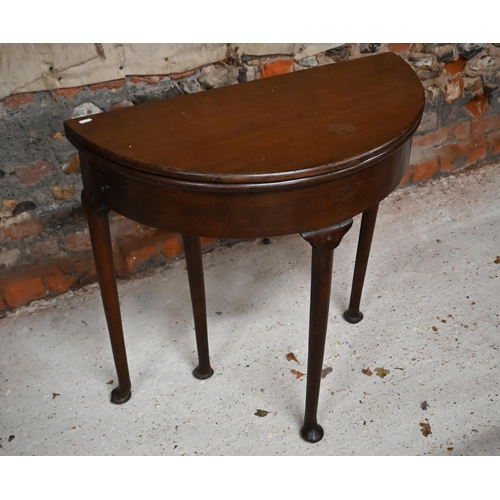 548 - A Georgian mahogany and oak folding demi lune tea table, 75 cm wide x 38 cm deep x 72 cm high