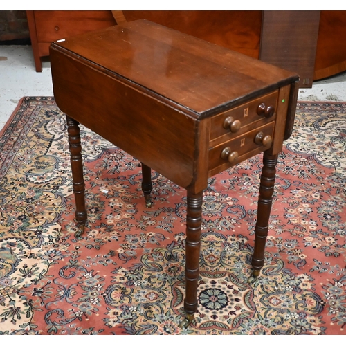 549 - A 19th century mahogany drop leaf end table with two drawers and opposing dummy drawers raised on tu... 