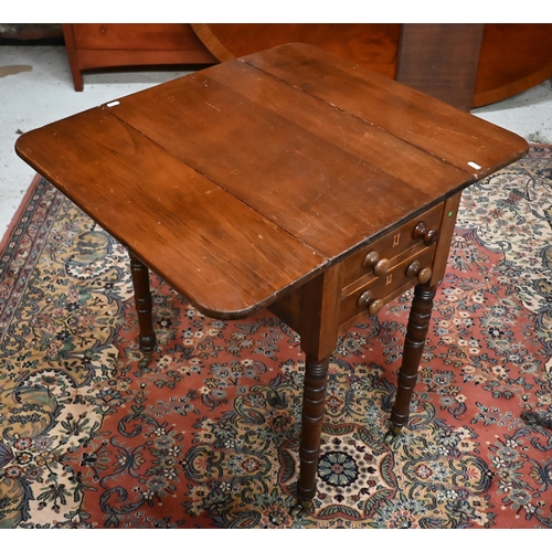 549 - A 19th century mahogany drop leaf end table with two drawers and opposing dummy drawers raised on tu... 