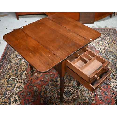 549 - A 19th century mahogany drop leaf end table with two drawers and opposing dummy drawers raised on tu... 