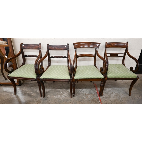 62 - A pair of Regency mahogany rope-back carver chairs to/w two other Regency carvers, all with green pa... 