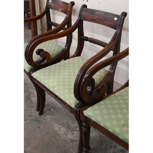 62 - A pair of Regency mahogany rope-back carver chairs to/w two other Regency carvers, all with green pa... 