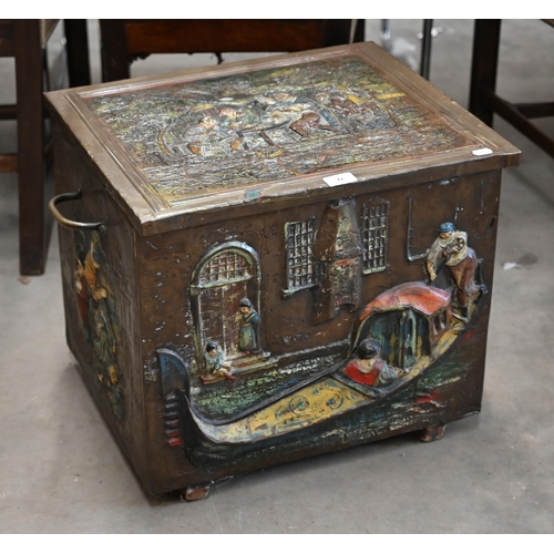 72 - # An antique brass twin handled coal box embossed with polychrome Venetian scenes