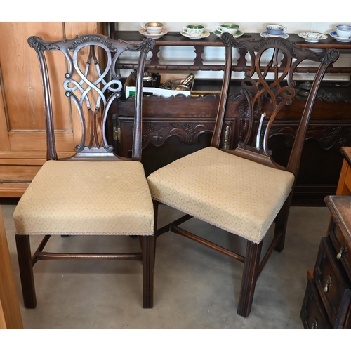 77 - A set of six carved mahogany Chippendale style dining chairs with beige diamond-weave pattern uphols... 