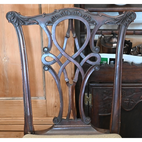 77 - A set of six carved mahogany Chippendale style dining chairs with beige diamond-weave pattern uphols... 