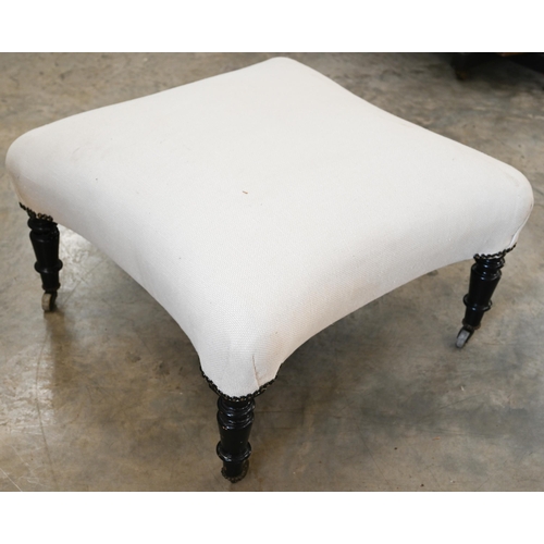 78 - A Victorian foot stool of convexed square form with off-white linen upholstery and ebonised turned s... 