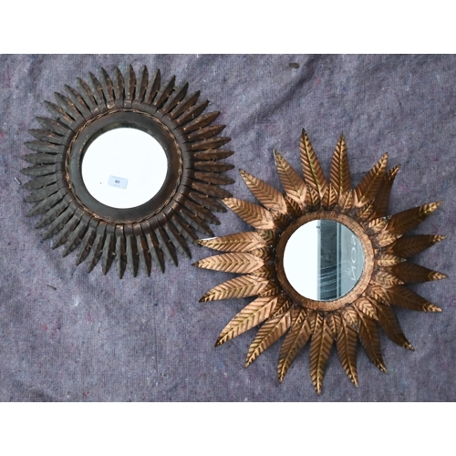 80 - A vintage gilt metal 'sun burst' mirror, 42 cm diam (including frame), to/w a mirrored wall sconce w... 