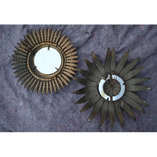 80 - A vintage gilt metal 'sun burst' mirror, 42 cm diam (including frame), to/w a mirrored wall sconce w... 