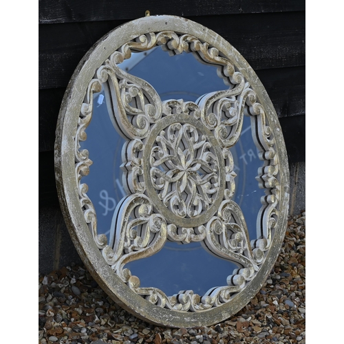 82 - A modern French style oval mirror in painted frame, 60 x 120 cm h to/w Indian style circular mirror ... 