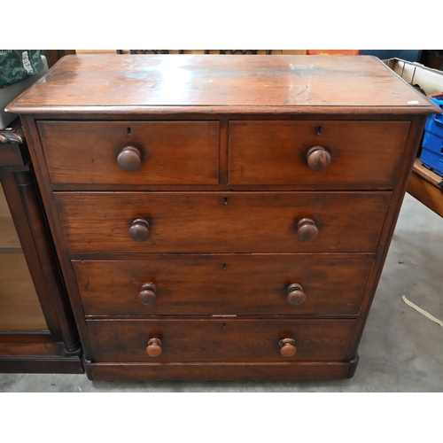 9 - A Victorian chest of two short over three long drawers with turned handles and bun feet, 98 cm wide ... 