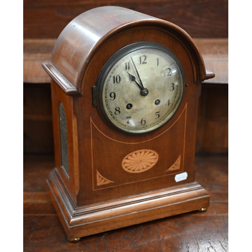 98 - Early 20th century walnut inlaid mantel clock with twin-train movement striking on coiled gong, c/w ... 