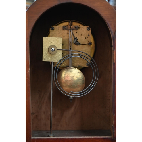 98 - Early 20th century walnut inlaid mantel clock with twin-train movement striking on coiled gong, c/w ... 