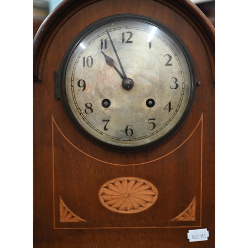 98 - Early 20th century walnut inlaid mantel clock with twin-train movement striking on coiled gong, c/w ... 